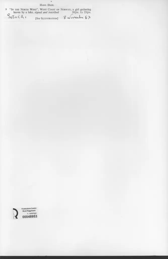 Anonimo , Dahl, Hans - sec. XIX/ XX - "In the north wind", west coast of Norway, a girl gathering leaves by a lake , retro