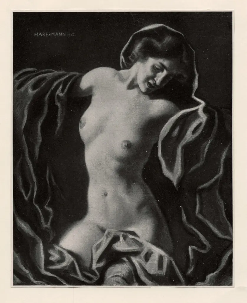 Habermann, Hugo , Ritratto di donna seminuda con mantello rosso