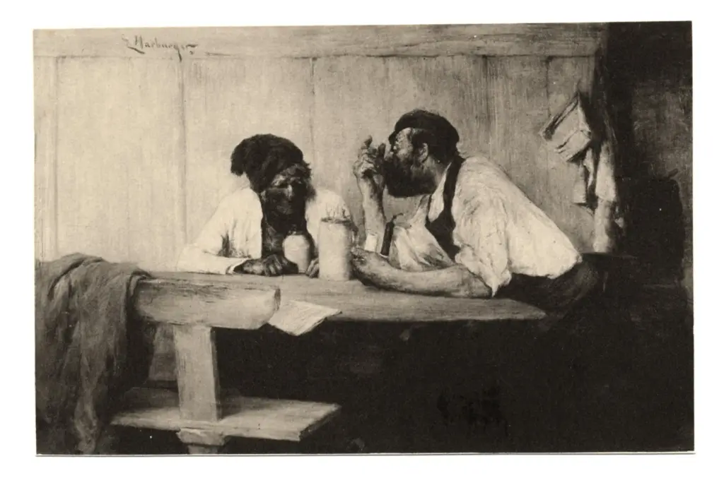 Anonimo , Harburger, Edmund - sec. XIX/ XX - Conversazione tra due uomini al tavolo , fronte