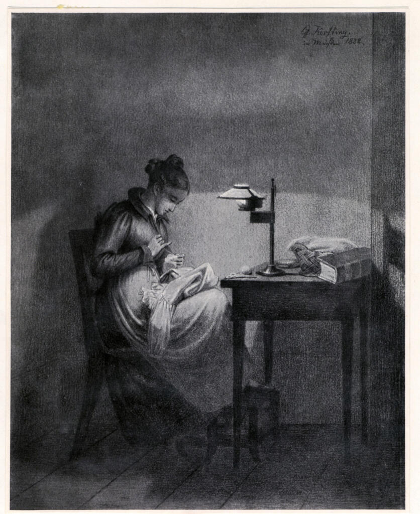 Anonimo , Kersting, Friedrich -Georg - sec. XIX - Nähendes Mächen , fronte