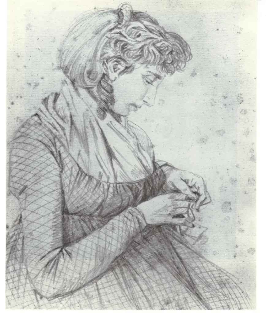 Anonimo , v. Kobell, Wilhelm - sec. XIX - A young girl sewing , fronte