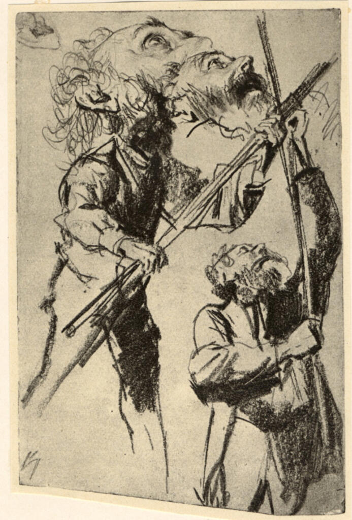 Von Menzel, Adolf , Studienblatt mit zwei männern, die fahnen tragen, oben zwei köpfe -