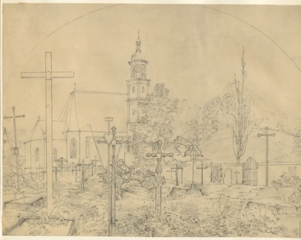 Anonimo , Von Olivier, Ferdinand - sec. XIX - Kirchof i Berchtesgaden mit der Aussicht auf den Wazmanm , fronte