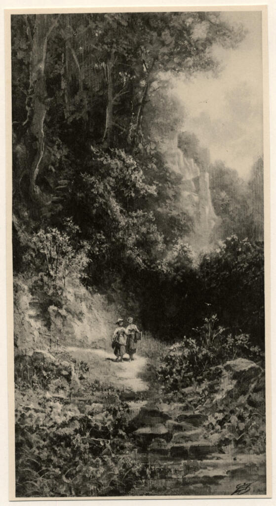 Spitzweg, Carl , - paesaggio con cascata e due donne
