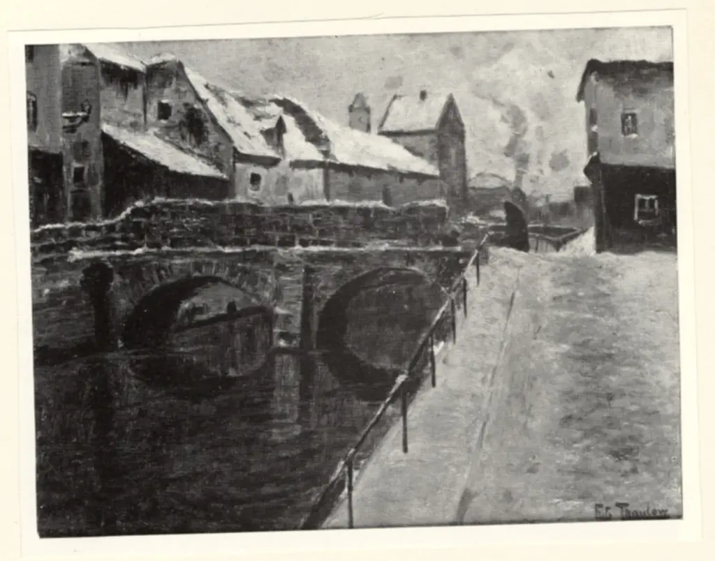 Thaulow, Fritz , Donna che attraversa un ponte del villaggio - inverno