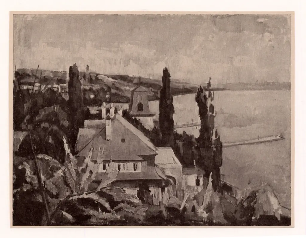 Anonimo , Hess, Julius - sec. XX - Paesaggio. Tetti rossi , fronte