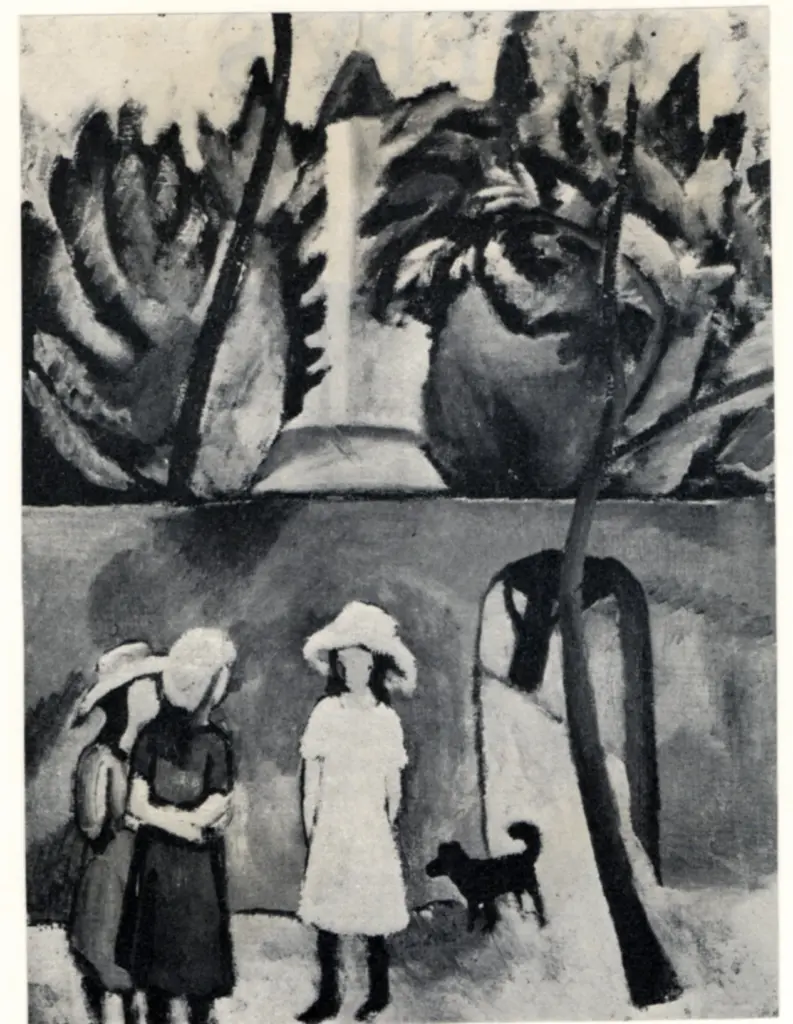 Anonimo , Macke, August - sec. XX - Drei M&auml;dchen mit Hund vor Gartenotr , fronte