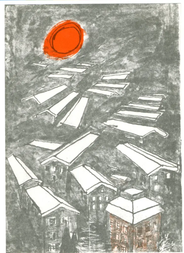 Anonimo , Ruegg, Albert - sec. XX - Sonnen - Aufgang &uuml;ber der verschneiten stadt , fronte