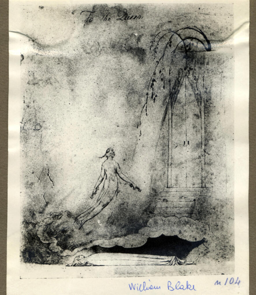 Blake, William , - Figura alata in volo verso l'entrata di un grande palazzo