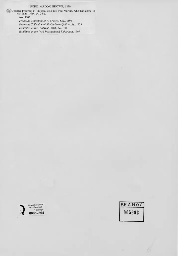 Anonimo , Brown, Ford Madox - sec. XIX - Jacopo Foscari in prigione , retro