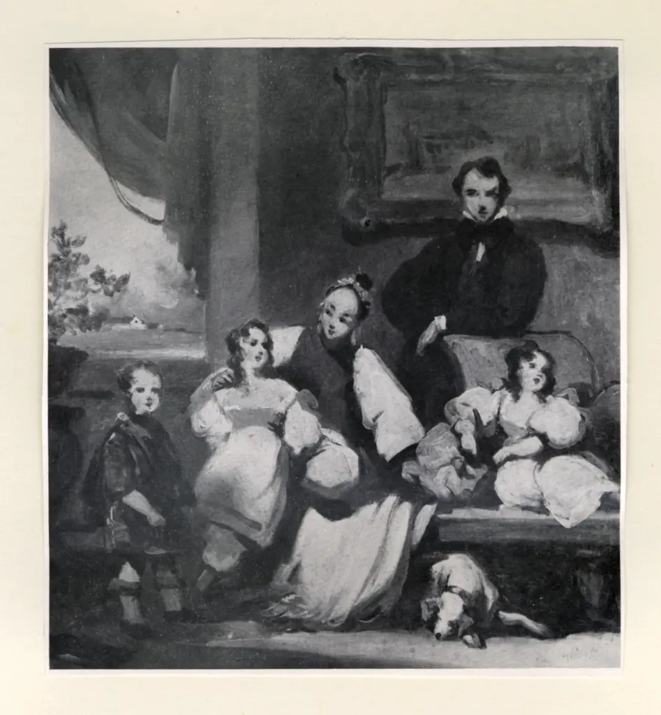 Anonimo , Chinnery, George - sec. XIX - Ritratto del fratello dell'artista, con i suoi tre bambini e la loro balia cinese, gruppo in interno , fronte