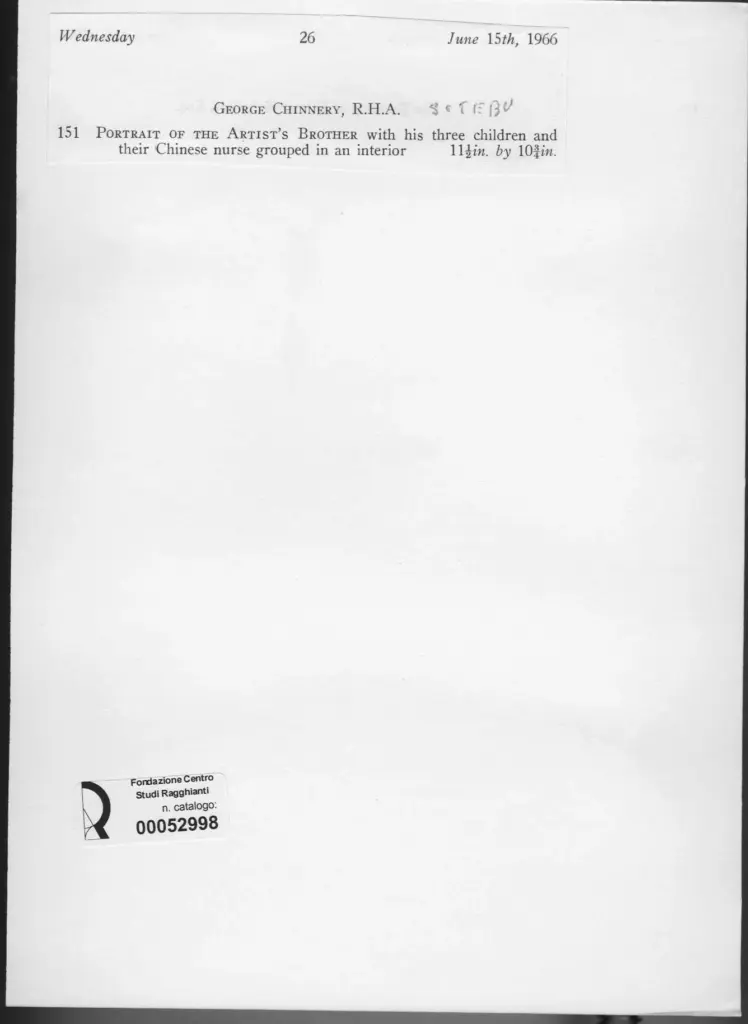 Anonimo , Chinnery, George - sec. XIX - Ritratto del fratello dell'artista, con i suoi tre bambini e la loro balia cinese, gruppo in interno , retro