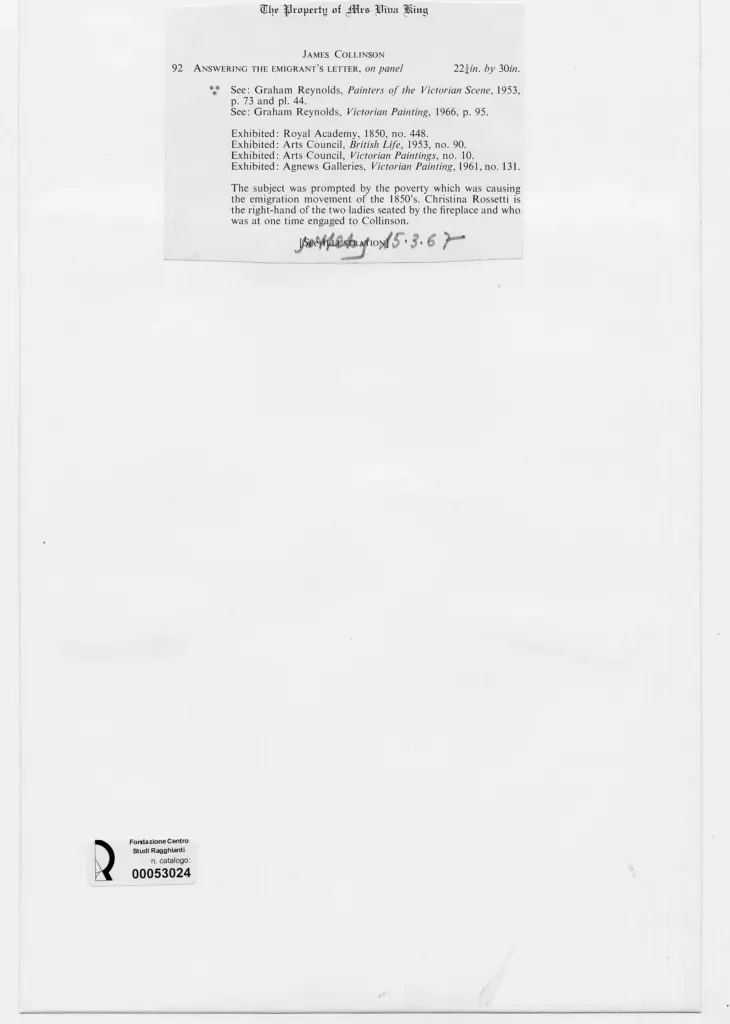 Anonimo , Collinson, James - sec. XIX - Rispondendo alla lettera dell'emigrante , retro