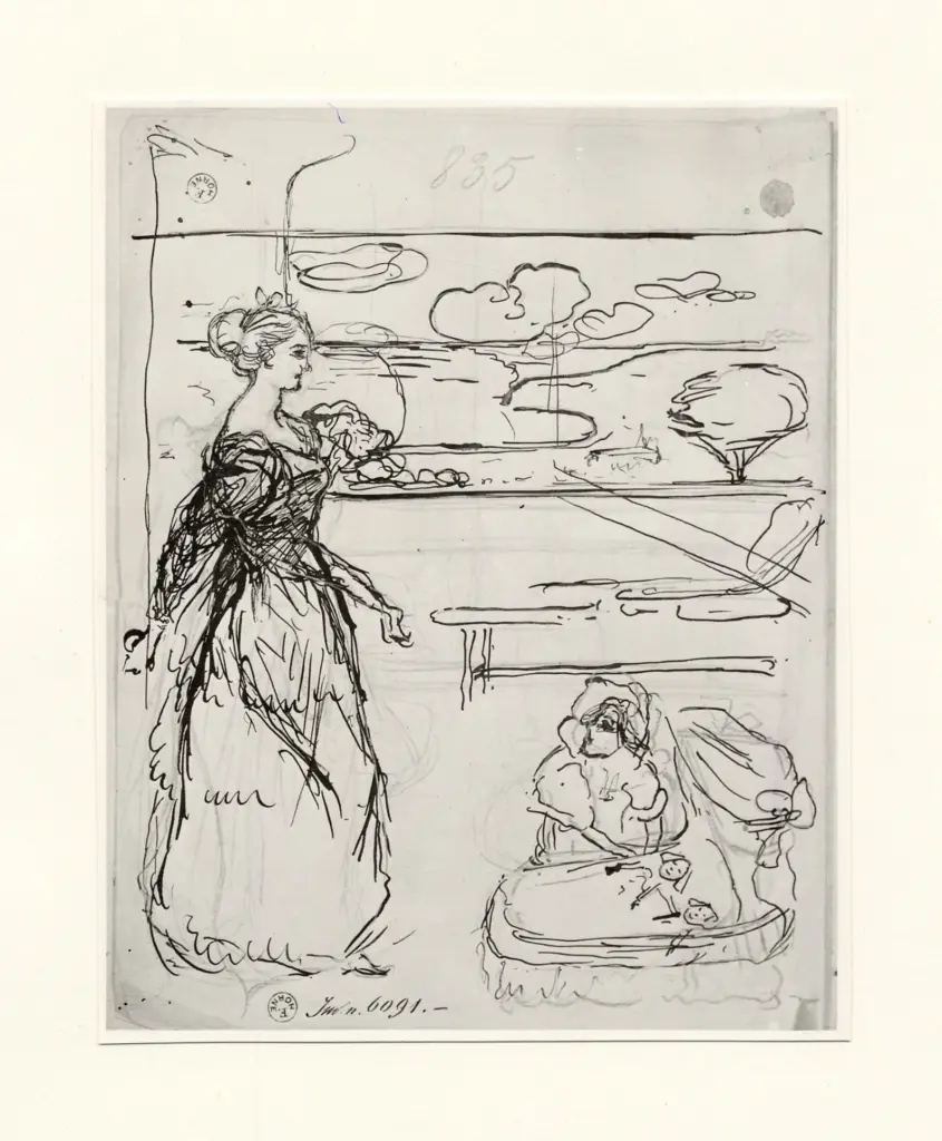 Conder, Charles , Donna con bambina e culla con bambole