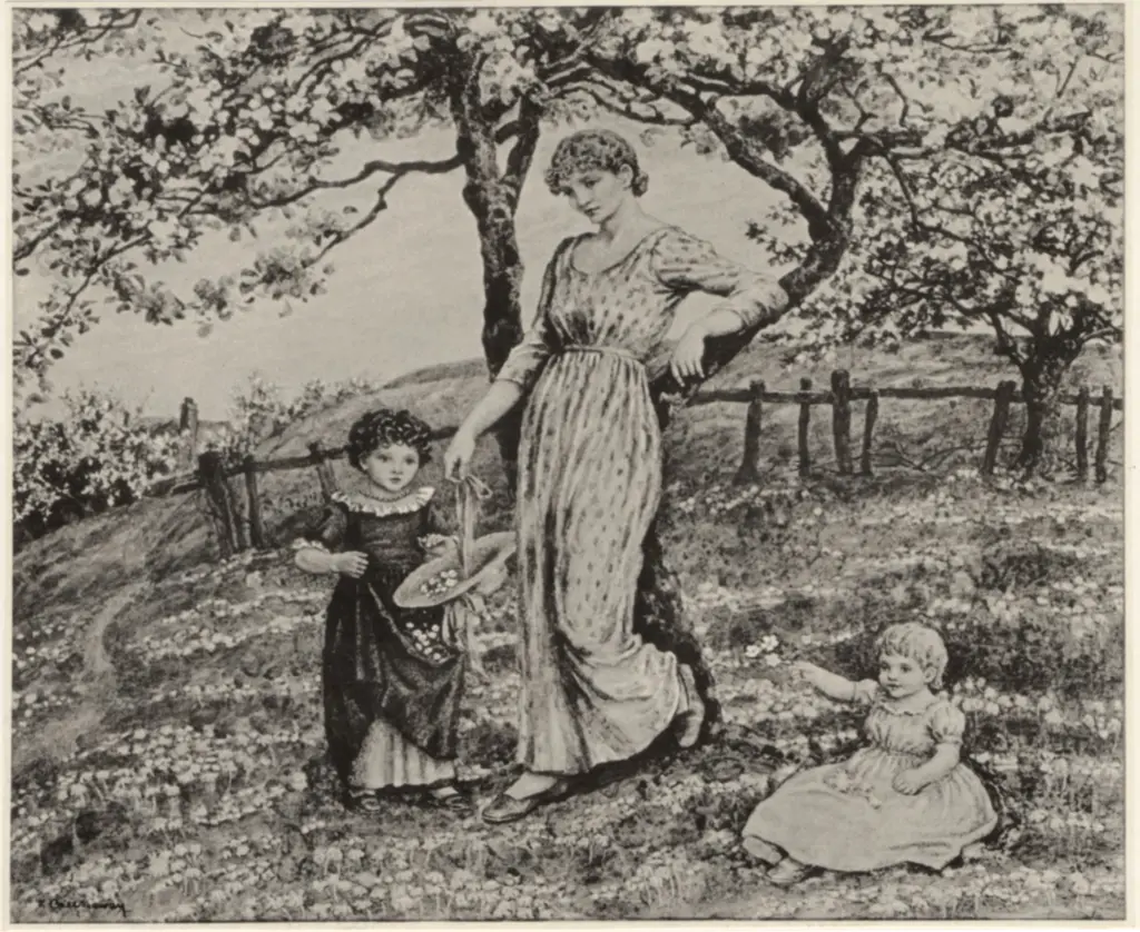 Greenaway, Kate , A mother with two children in an orchard