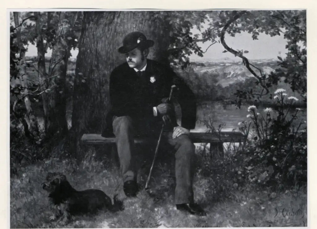 Anonimo , Heilbuth, Ferdinand - sec. XIX - A young man seated on a bench in the country with his Terrier , fronte