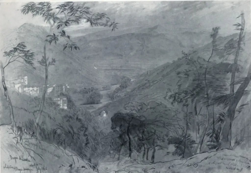 Anonimo , Lear, Edward - sec. XIX - A view of Bagni di Lucca , fronte