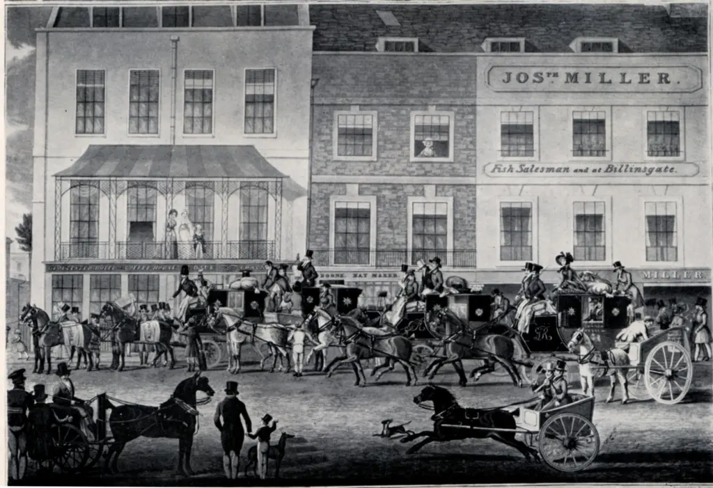 Anonimo , Pollard, James - sec. XIX - West Country Mails at the Gloucester Coffee House, Piccadilly , fronte