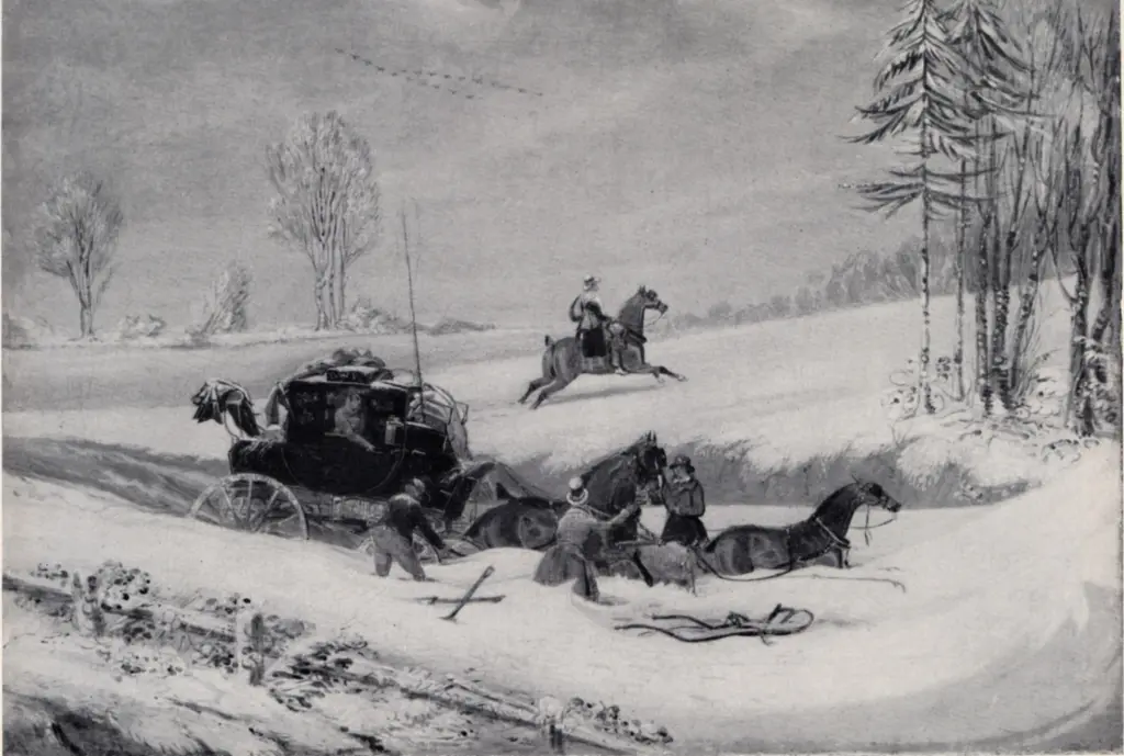 Pollard, James , The Edinburgh amd London Royal Mail in a snow drift -