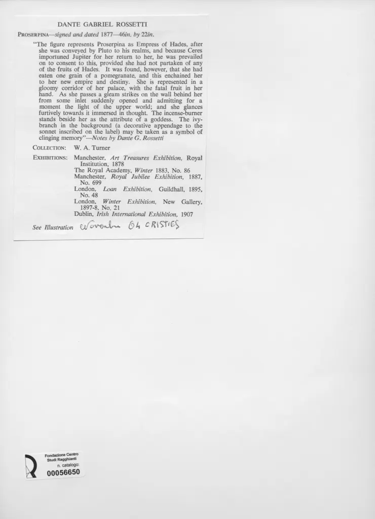 Anonimo , Rossetti, Dante Gabriele - sec. XIX - Proserpina , retro