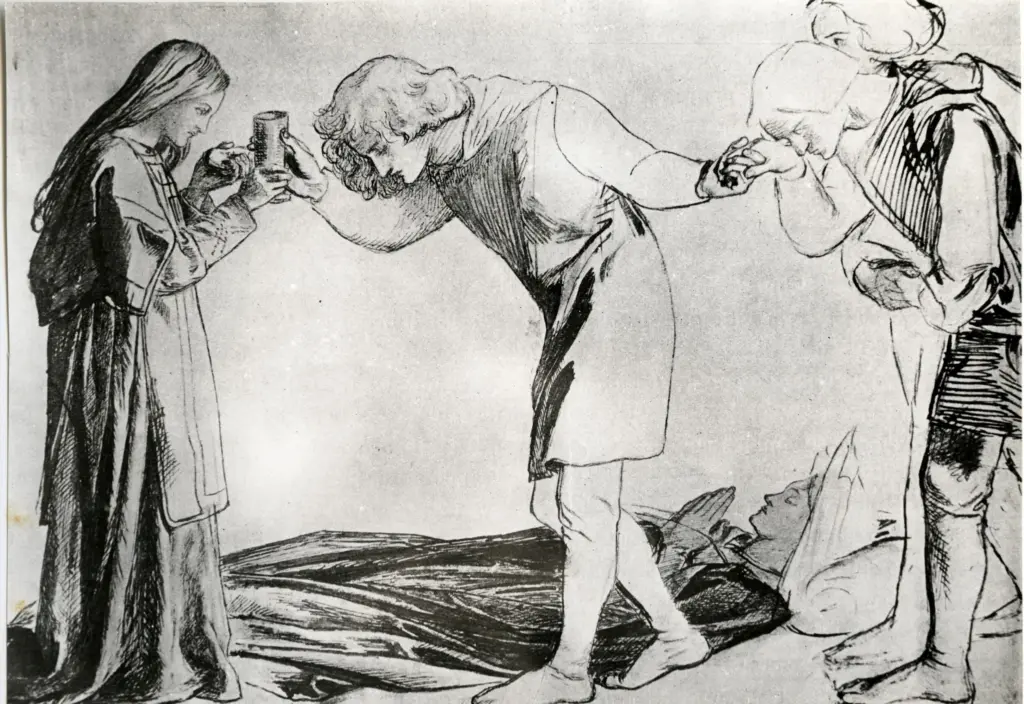 Rossetti, Dante Gabriele , Sir Galahad, sir Bors and sir Percival (Parsifal) ricevono il santo Graal