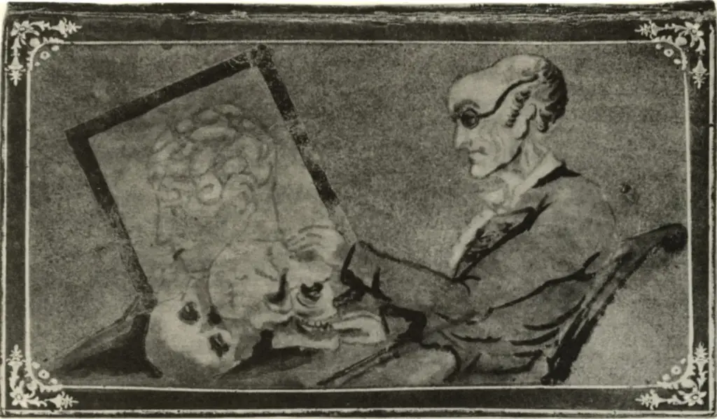 Anonimo , Spurzheim, J.G. - sec. XIX - Uomo che contempla i crani , fronte