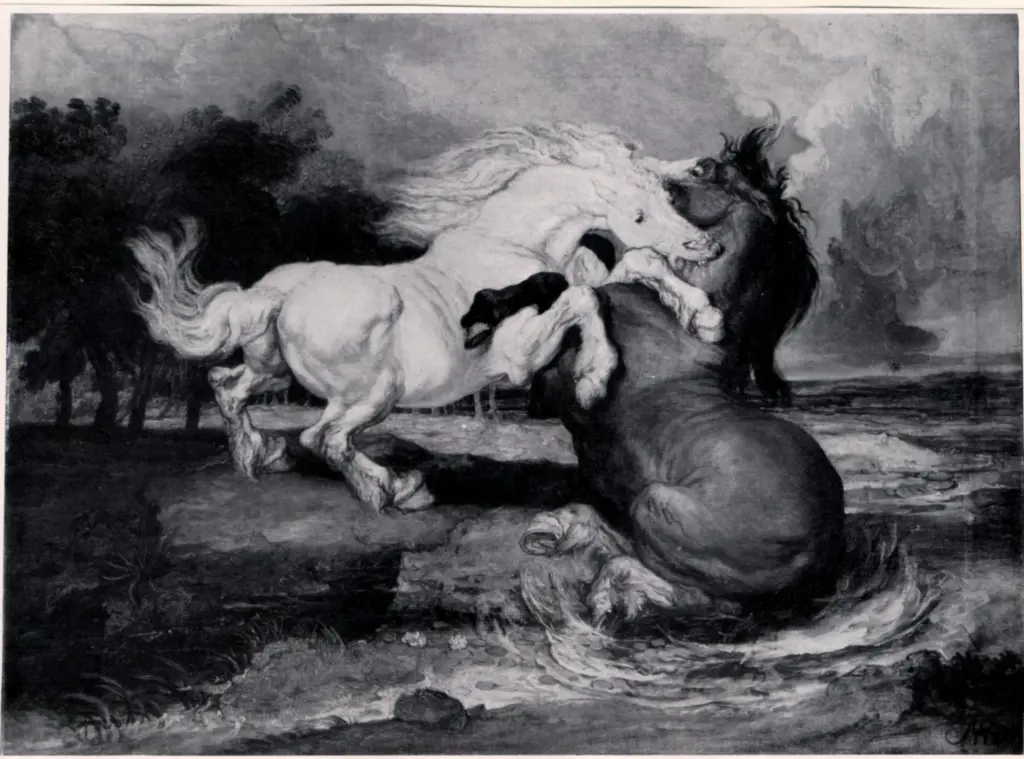 Ward, James , Stallions Fighting on a River Bank