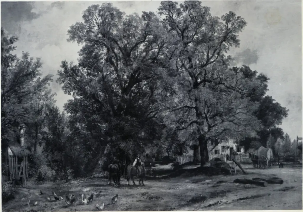 Anonimo , Watts, Frederick William - sec. XIX - A Landscape with Cottages amid Trees, and Horses near a Road
