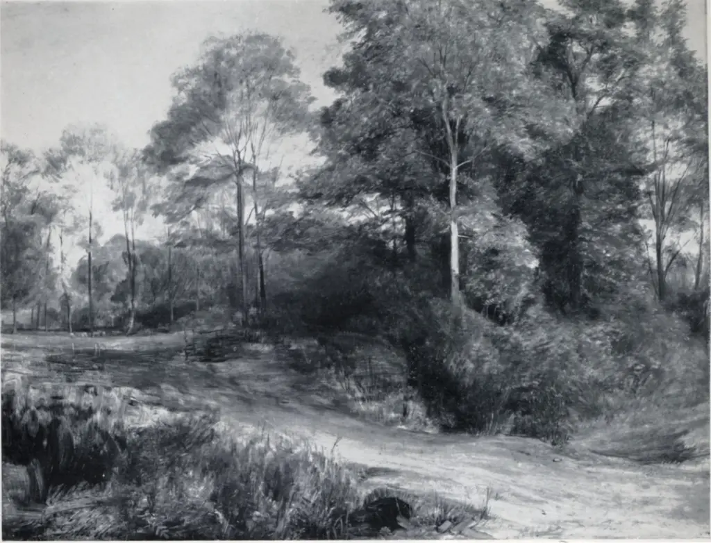 Wilkie, David , A wooded landschape, with a path, a bridge and stream