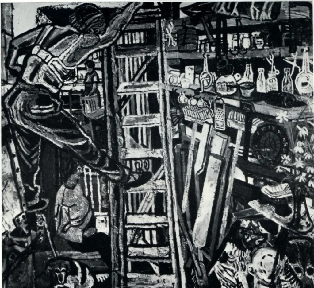 Bratby, John , Jean on Step-ladder in the kitchen -