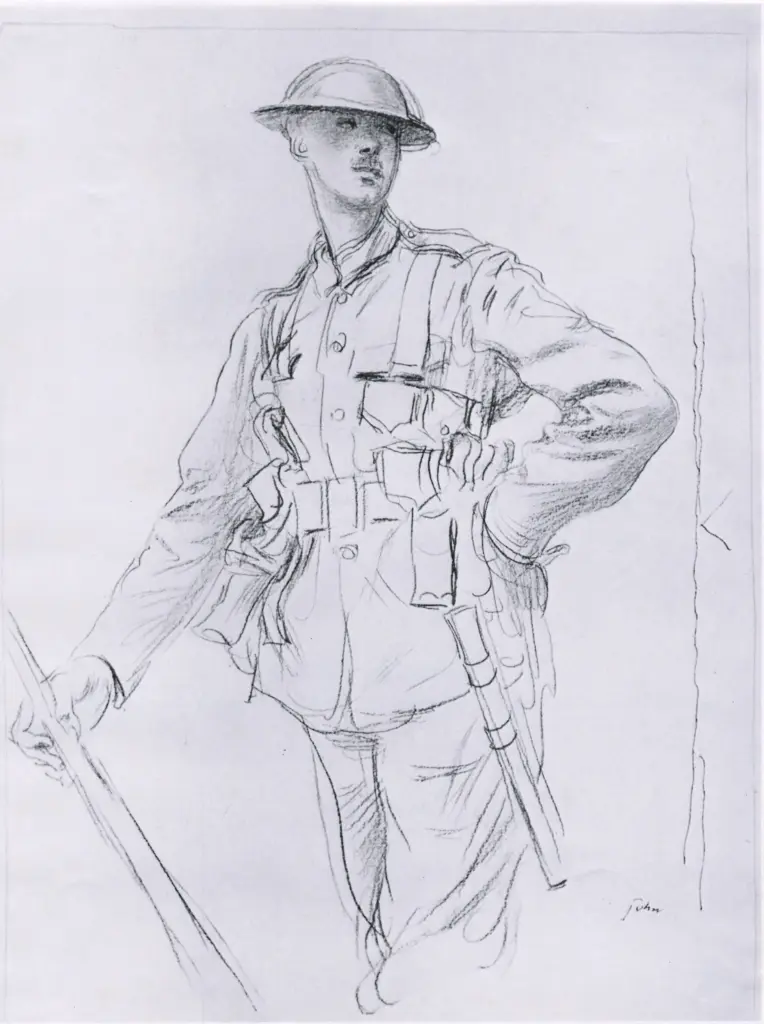 Anonimo , John, Augustus - sec. XX - A soldier with one arm akimbo looking over his left shoulder , fronte