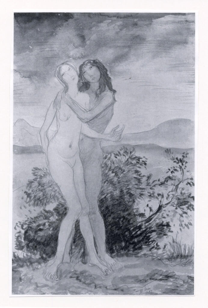 Anonimo , John, Augustus - sec. XX - Two nude girls embracing in a landscape with distant mountains , fronte