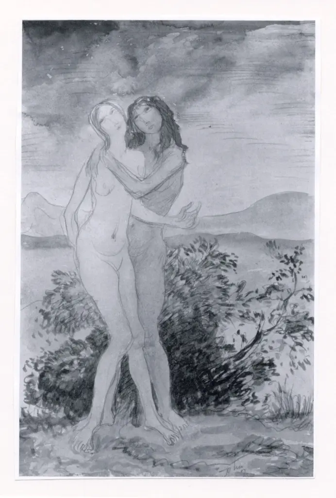 Anonimo , John, Augustus - sec. XX - Two nude girls embracing in a landscape with distant mountains