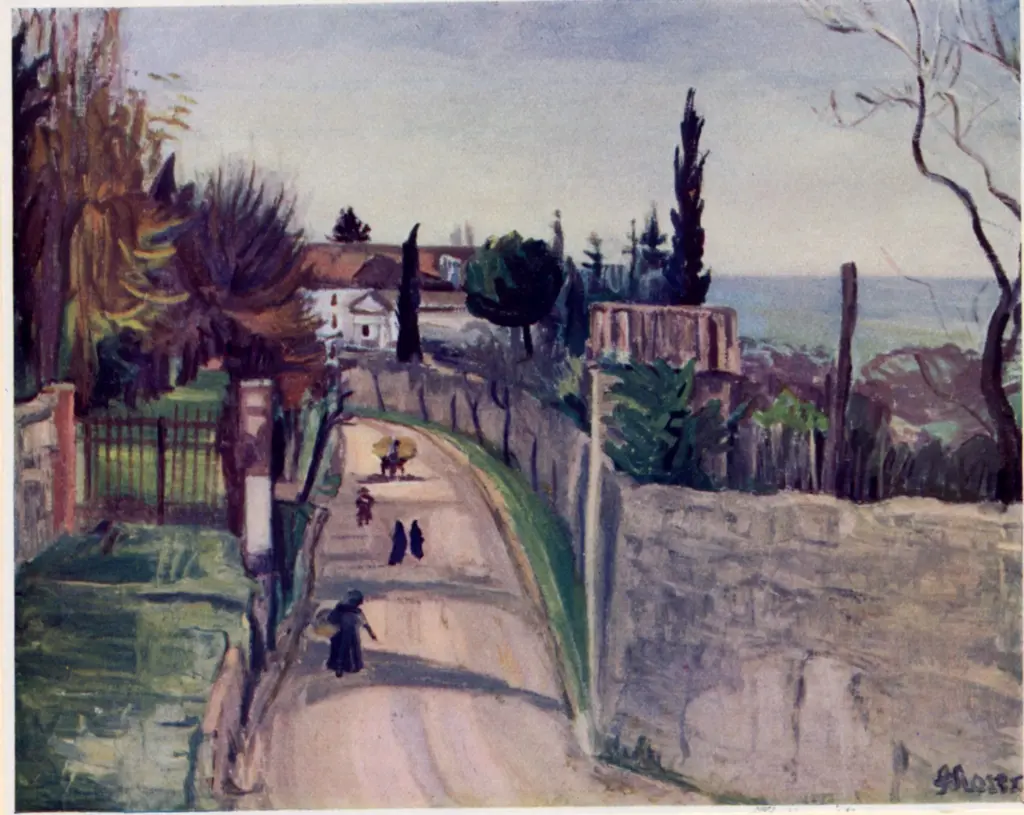 Anonimo , Moser, Amy - sec. XIX/ XX - Passanti lungo una strada verso il villaggio , fronte