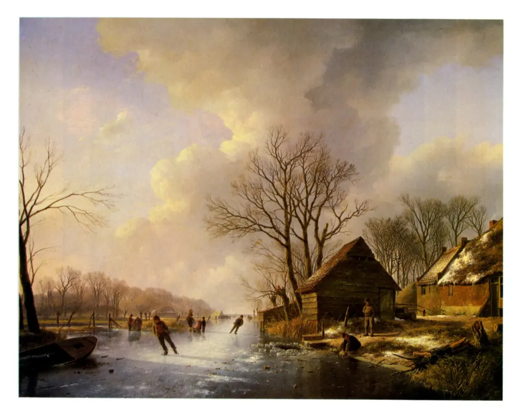 Schelfhout, Andreas , Skaters on a frozen river in an extensive wooded landscape