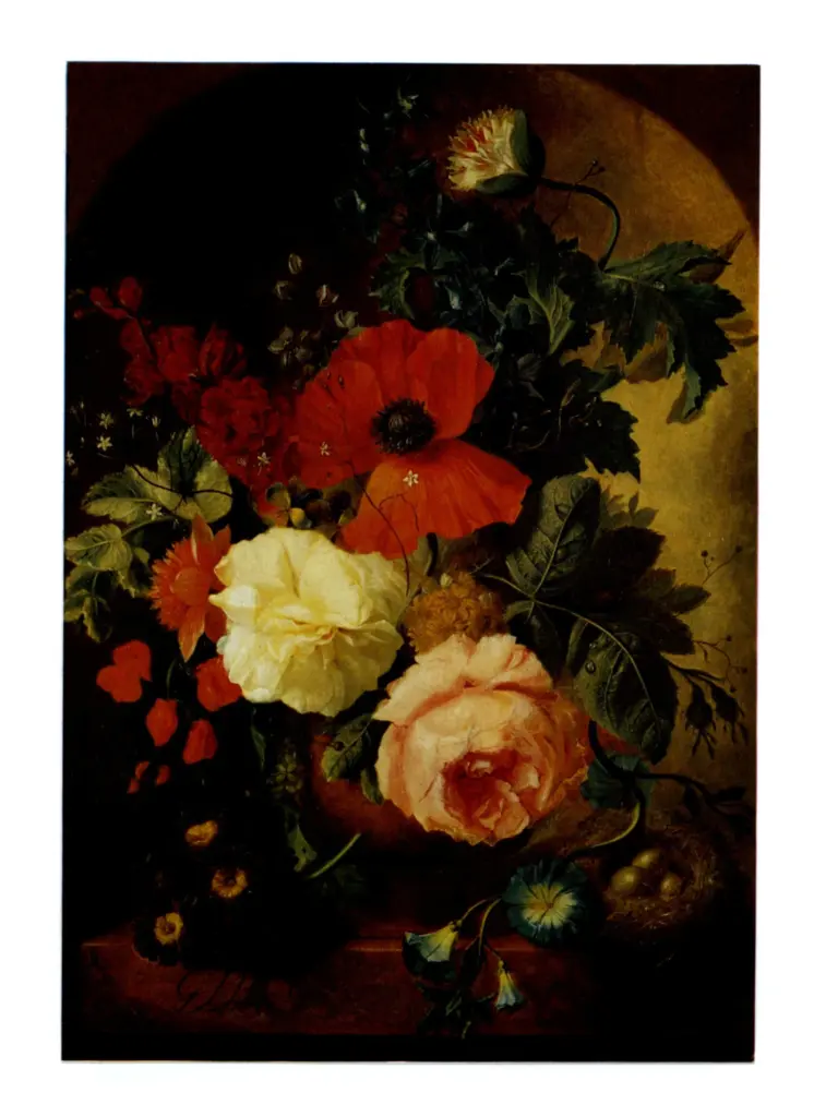 Anonimo , Van Os, Georgius Jacobus Johannes - sec. XIX - A Still Life of Roses, a Poppy, Delphiniums and Other Flowers on a Ledge , fronte