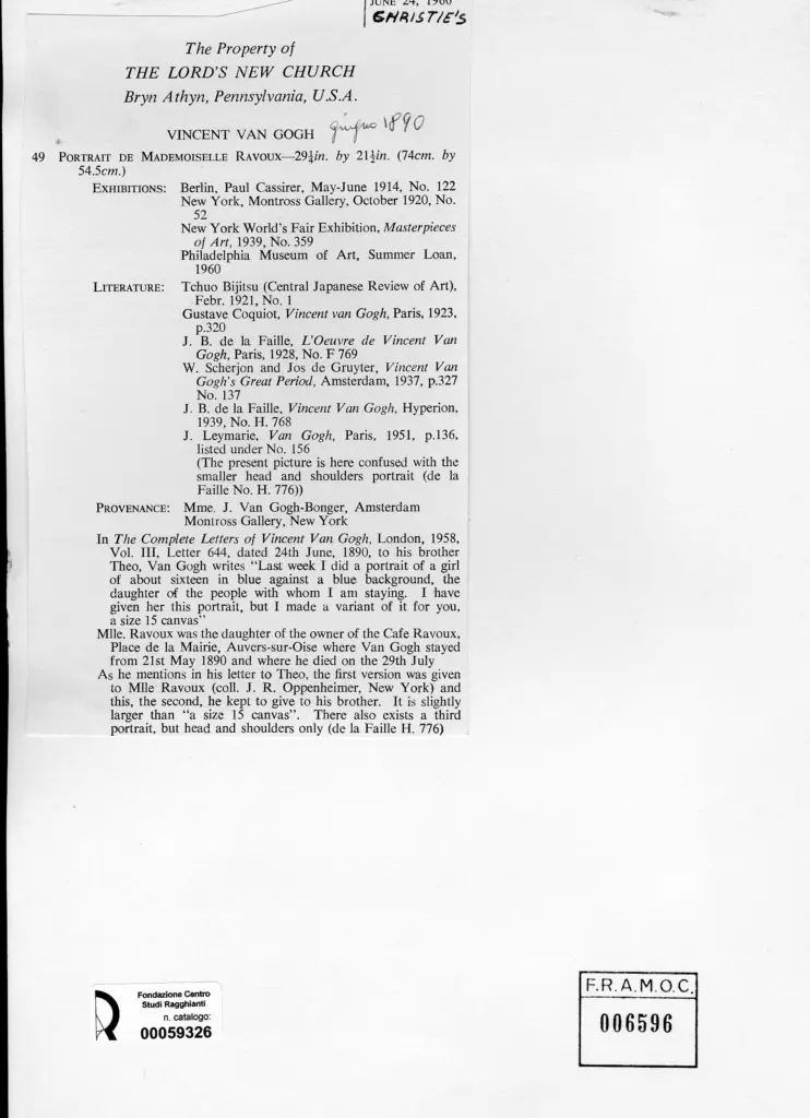Anonimo , Van Gogh, Vincent - sec. XIX - Portrait de Mademoiselle Ravoux , retro