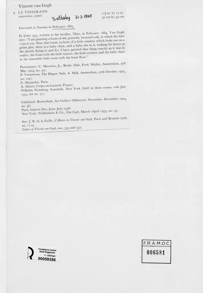 Anonimo , Van Gogh, Vincent - sec. XIX - Le Tisserand , retro