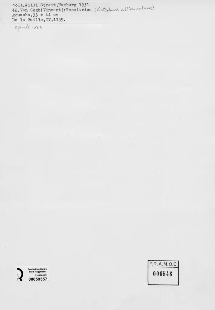 Anonimo , Van Gogh, Vincent - sec. XIX - Tessitrice (contadina all'arcolaio) , retro