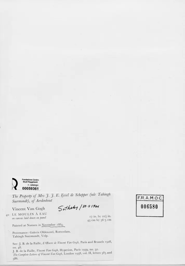 Anonimo , Van Gogh, Vincent - sec. XIX - Il mulino ad acqua , retro