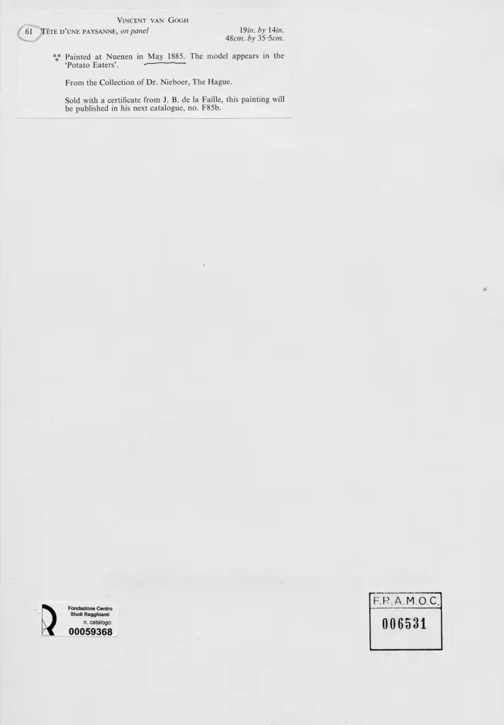 Anonimo , Van Gogh, Vincent - sec. XIX - T&ecirc;te d'une paysanne , retro
