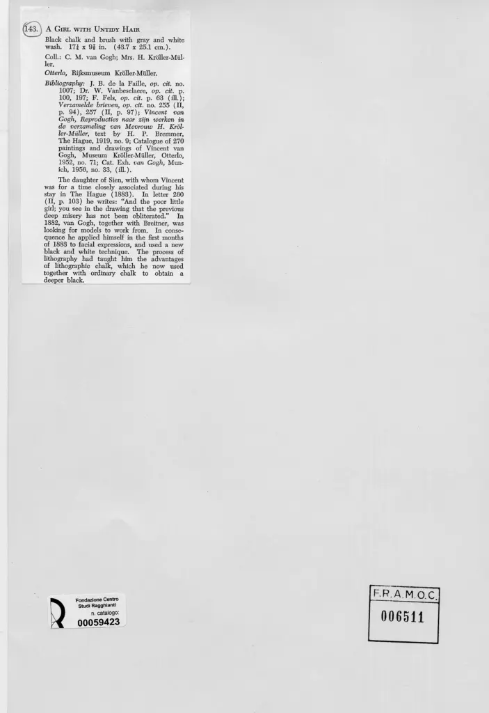 Anonimo , Van Gogh, Vincent - sec. XIX - A girl with untidy hair , retro