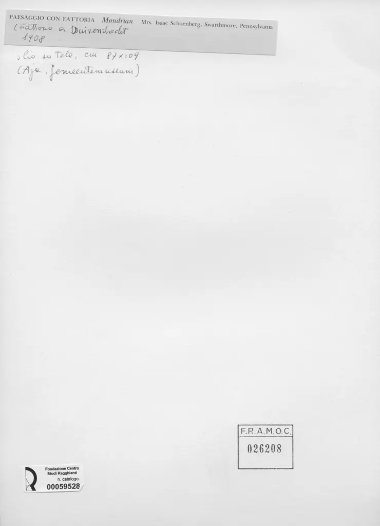 Anonimo , Mondrian, Piet - sec. XX - Paesaggio con fattoria , retro