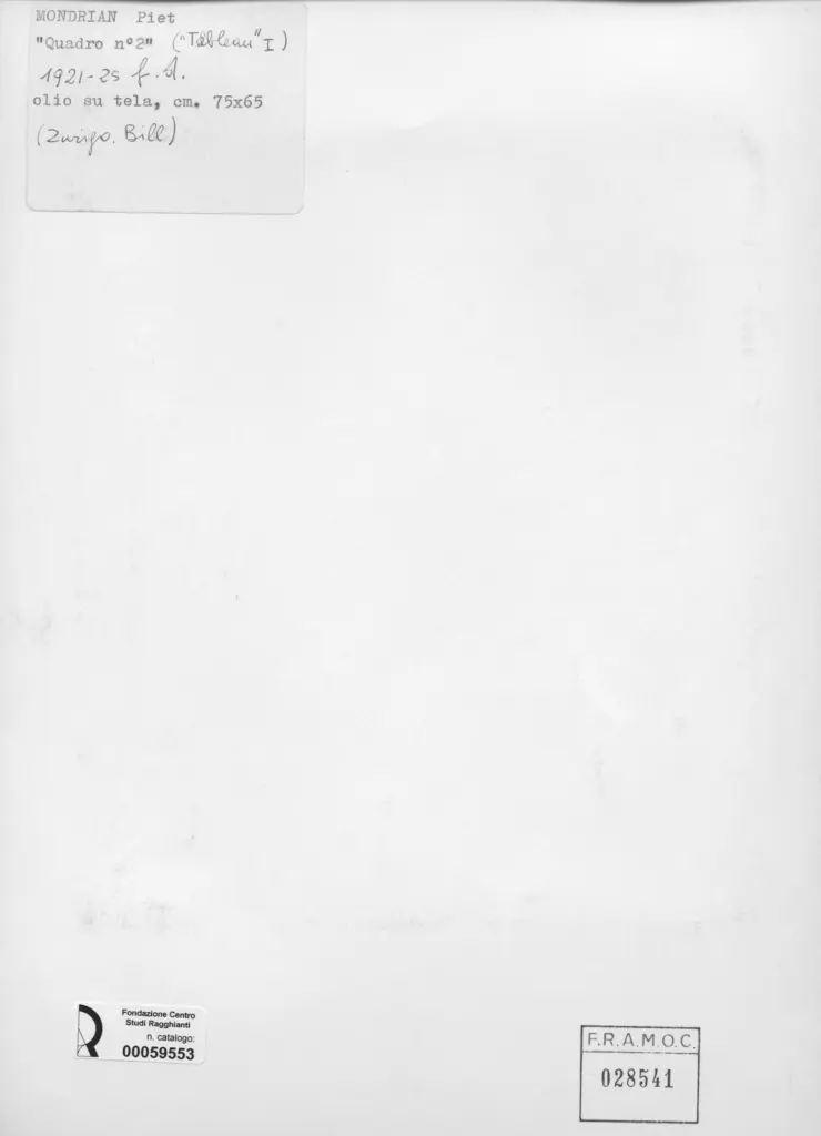 Anonimo , Mondrian, Piet - sec. XX - Quadro n. 2 ("Tableau" I) , retro