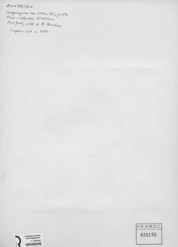 Anonimo , Mondrian, Piet - sec. XX - Composizione con rosso, bl&ugrave;, giallo , retro