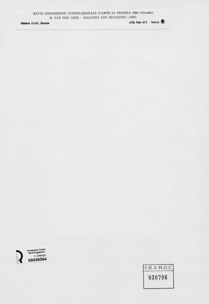 A.F.I. Agenzia Fotografica Industriale , van Der Leck, Bart - sec. XX - Ragazza con bicchieri , retro