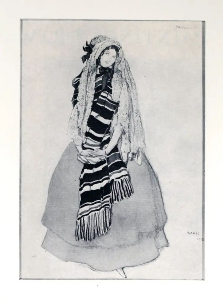 Anonimo , Bakst, Leon - sec. XX - Costume design for the girl in a yellow dress in Papillons , fronte