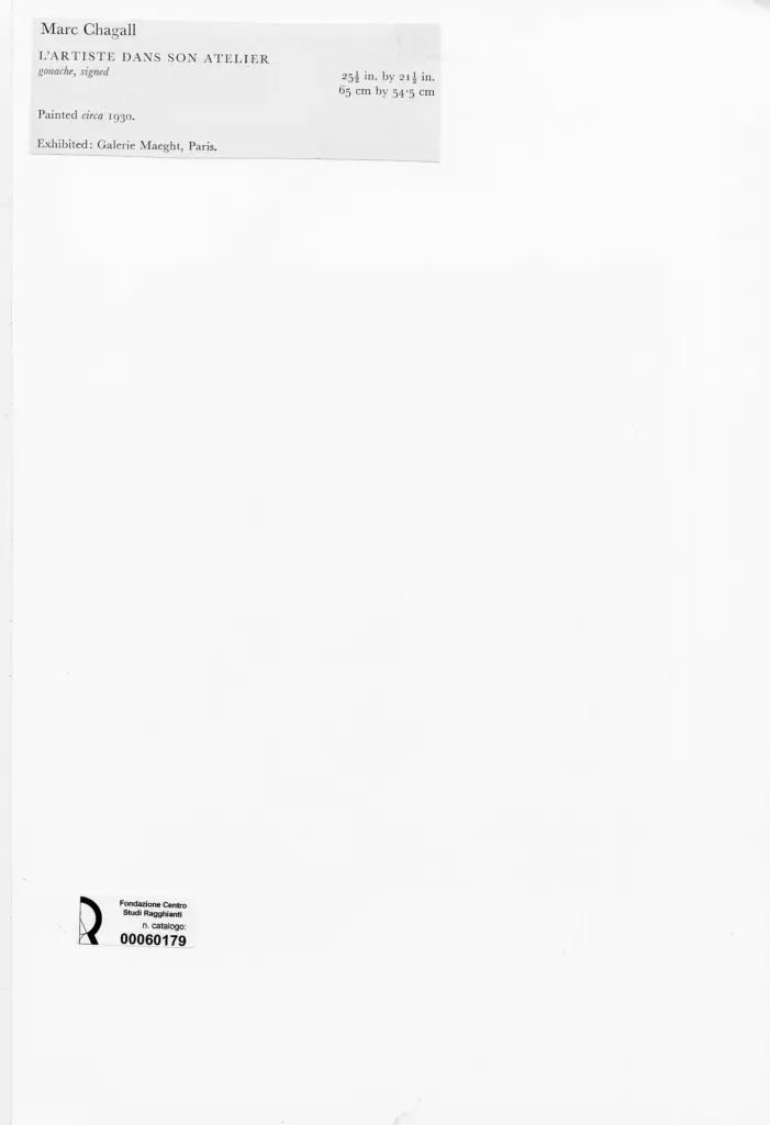 Anonimo , Chagall, Marc - sec. XX - L'Artiste dans son Atelier , retro