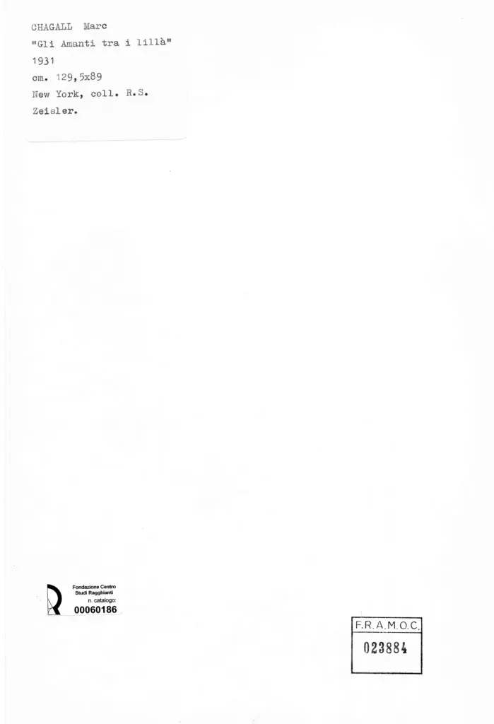 Anonimo , Chagall, Marc - sec. XX - Gli amanti tra i lill&agrave; , retro