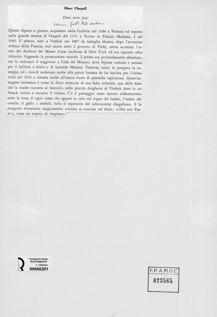 Anonimo , Chagall, Marc - sec. XX - Dans mon pays , retro